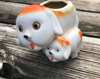 Vintage 2 dog orange and white ceramic planter 1950's