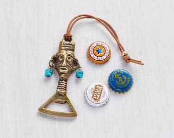 1 Vintage Mask Bottle Opener - brass tribal face with handmade turquoise earrings and leather hanger - barware beer lover gift idea