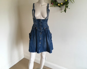 Vintage 80s High Waisted Denim Corset Skirt with Adjustable Straps. Size 12