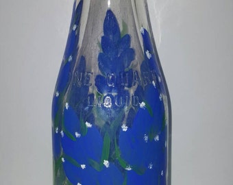 Antique glass milk bottle hand painted Bluebonnets