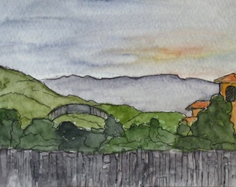 California Art Painting Watercolor Pen Ink Napa Hills Klein Vineyards Olive Press Original Sonoma Napa Artist Painting Kathleen Daughan