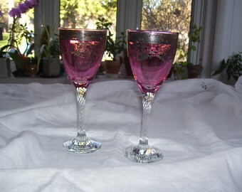 Pink Embossed Wine Glasses Twisted Stem Pair Vintage