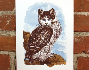 Meowl- Hand-Printed Art print 8x10