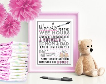 Pink Words for the Wee Hours for Baby Shower 5x7 & 8x10 PDF Instant download printable