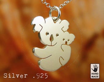 Tiny Cute Koala Bear with Baby Handmade Sterling Silver .925 Necklace in a gift box