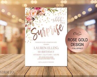 Any Age Surprise Birthday Invitation, Shhh it's a Surprise Birthday Invitation for Women, DIY Printable PDF Instant Download | VRD200DWR