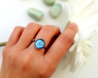 Anello anello Boho Luna MANDALA anello Mandala blu gioielli gioielli luna anello Mandala Stampa artistica Gypsy anello significativo di guarigione di guarigione