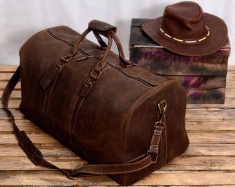 Brown Leather Duffel Bag - Vintage Carry On - Weekend Bag - Large Carry - Duffle Luggage Bag - Gym Bag - Overnight Bag - Cabin Travel Bag
