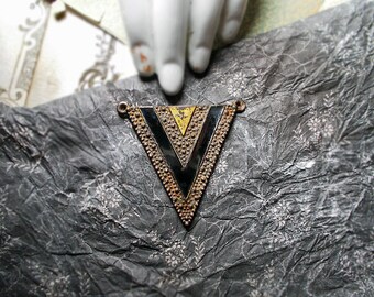 Rustic Metal Deco Pendant | 1 Rustic Black & Gold Triangle Pendant | Assemblage Jewelry Supply | Geometric Enamel, Metal | 2 Top Holes