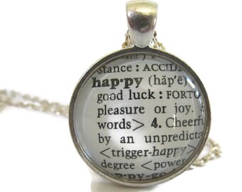 HAPPY Necklace, Happy Definition, Inspirational Jewelry, Word Definition Necklace, Bronze or Silver