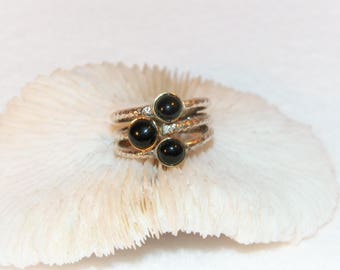 Size 7 1/4 Sterling Silver Ring With Black Onyx, Old Stackable Ring with three black onyx stones