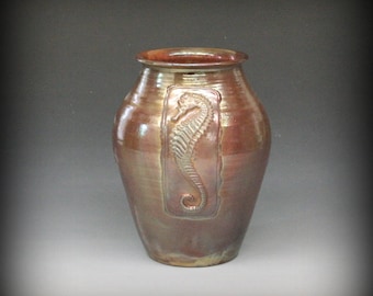 Raku Vase with Seahorse in Metallic Iridescent Colors