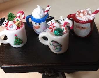 Choice of Four Different Styles of Decorated Christmas Mugs in One Inch Scale for a Dollhouse