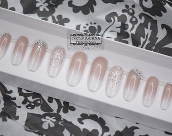 Ombre Nails with Stamped Lace & Swarovski Crystals | Any Shape