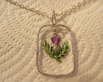 Purple and Green Thistle Silver Pendant with or without Chain
