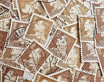 90+ Brown postage stamps from Denmark, Brown Stamp Lot, off paper used stamps, decoupage, collage, ephemera (e338)