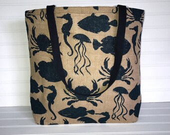 Ocean Burlap Tote | Handmade Everyday Tote | Market Bag
