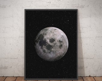 Moon and stars Full moon art print Astronomy poster Black