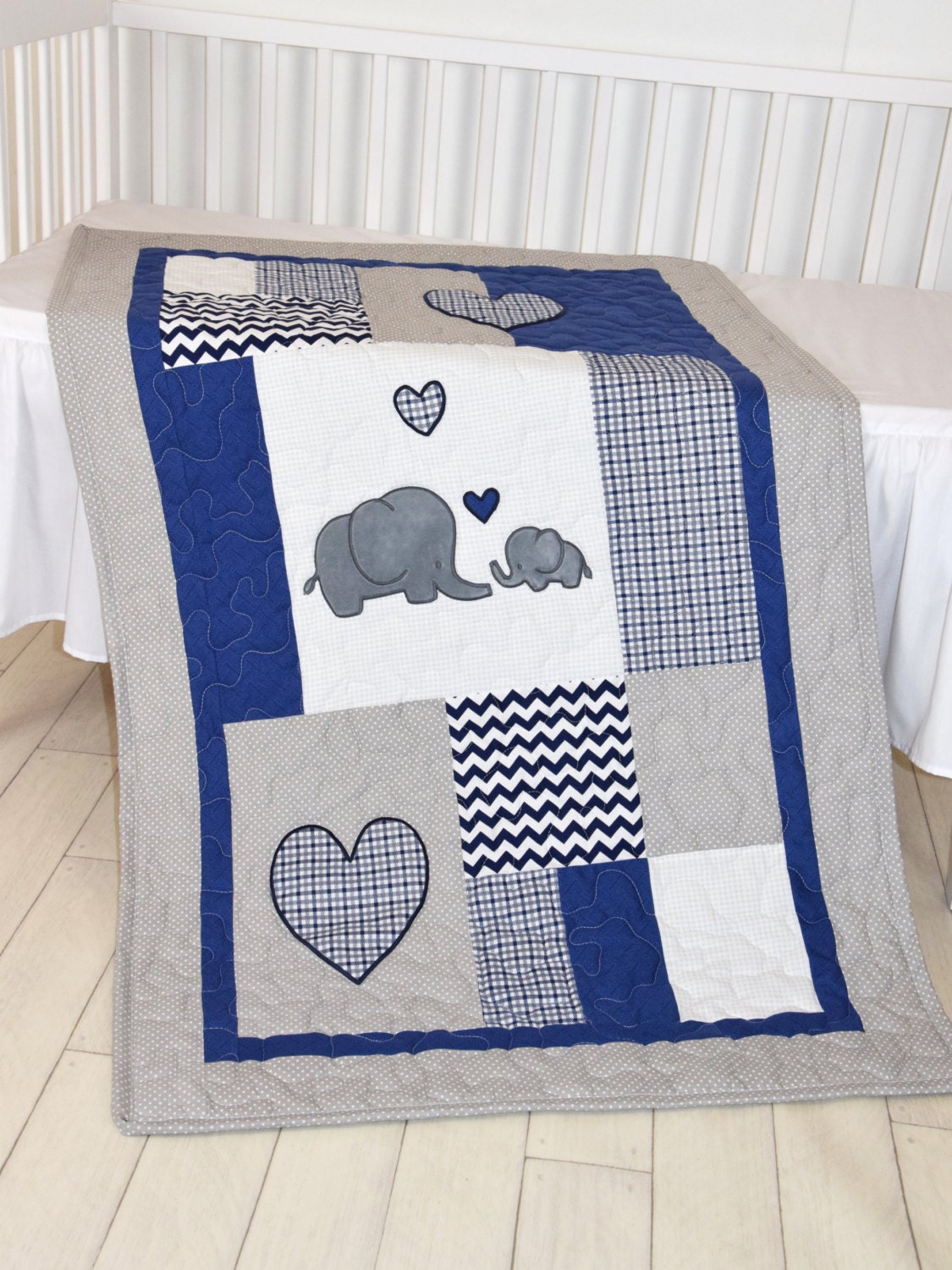 Elephant Baby Blanket Navy Gray Crib Quilt Chevron Kids