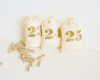Advent Calendar Set with Mini Clothespins and Twine - 3x4 Inch - Advent Kit - Christmas Countdown - Days Until Christmas - Reusable Bags