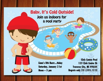 Indoor Pool Party Invitation, Winter Pool Party Birthday Invitation, Printable for Boys
