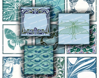 Art Nouveau designs, blue ornament, Vintage background 2,5 in squares - Digital Collage Sheet, Download and Print Jpeg Clip Art Images 110