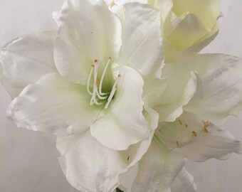 White Amaryllis Silk Flower Bush, Artificial, Faux, Silk Wedding Flowers - 28.5" Tall