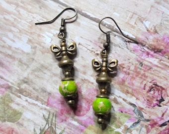 Lime Green and Brass Earrings (2980)