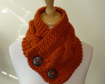 Knit Neck Warmer, Cable Knit Scarf, Chunky Warm Winter Scarf in Pumpkin 6" x 25" - Coconut Shell Buttons Ready to Ship - Gift for Her