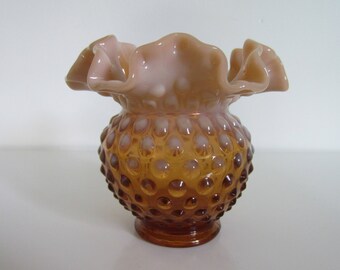 Fenton Hobnail Glass Vase, Ruffled Glass Vase, Fenton Amber Peach Glass