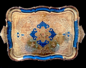 Very nice and large Florentine tray blue and gold hand painted. 50's.