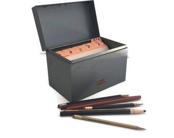 Vintage Weis Metal File Box, Index Card Box, with Alphabet Index Cards, Gray Metal 1950's Office Storage