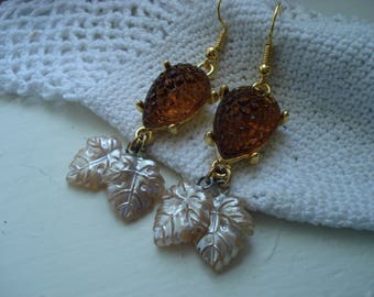 Vintage Czech Art Deco Topaz Alligator and Japanese Pearl Glass Leaf Beads Gold Earrings
