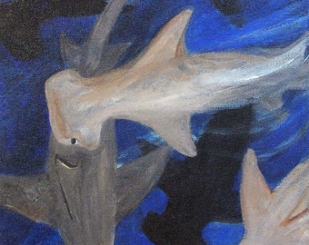 shark painting, Hammerhead Sharks, original acrylic painting on canvas, hammerhead shark painting