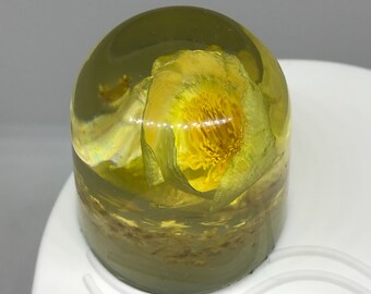 Vintage Tricia Duncan Acrylic Paperweight with Yellow Flower Great Broughton N. Yorks U.K.
