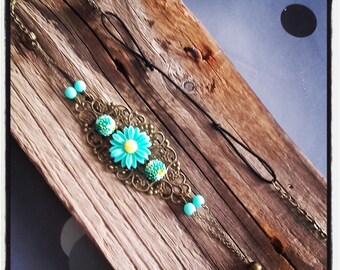 Headband bronze lace flowers HeadBand / green beads and cabochon