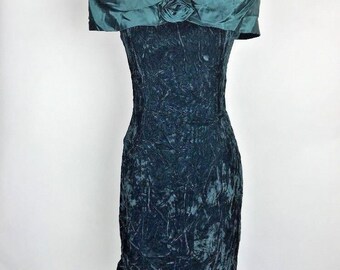 Vintage 80s 90s Crushed Velvet Green Off Shoulder Dress Prom Party 9
