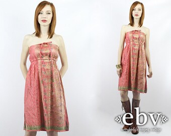 Indian Dress 70s Dress 1970s Dress Hippie Dress Hippy Dress Tube Dress Babydoll Dress Pink Dress Vintage 70s Pink Strapless Dress S M L