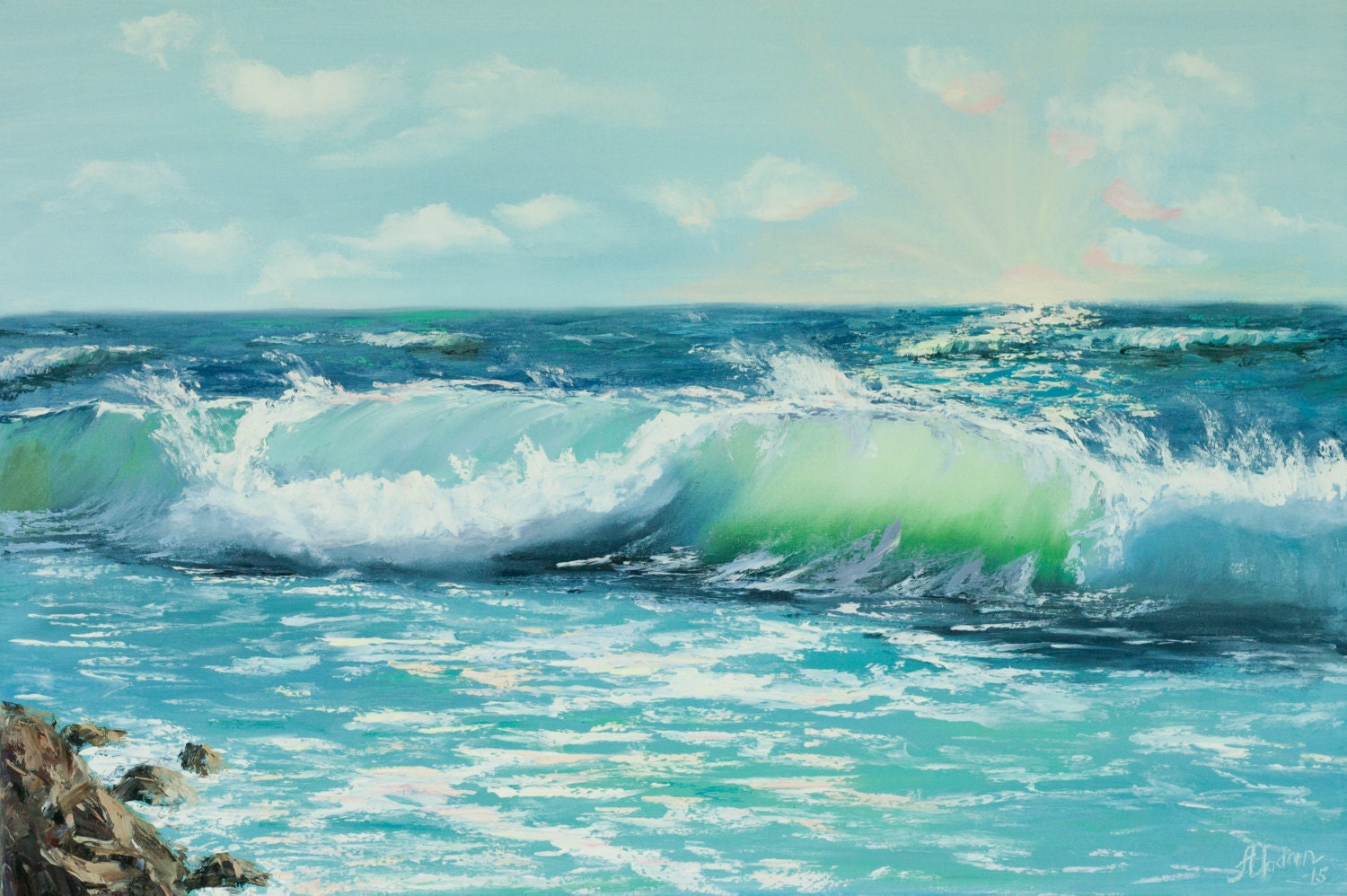 Ocean wave painting original sea art blue green foam sun