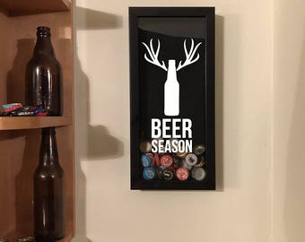 Beer Season with Beer Bottle Antlers - Wall Hanging Bottle Cap Holder -Black Shadow Box (6" x 14") - Vinyl Decal Gifts, Home Bar Accessories