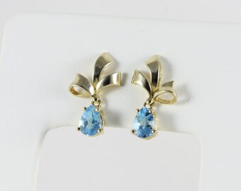 14k Yellow Gold Blue Topaz Earrings Dangle Drop Earrings Bow Earrings