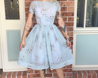 1950s Handmade Sheer Blue Floral Fit and Flare Day Dress