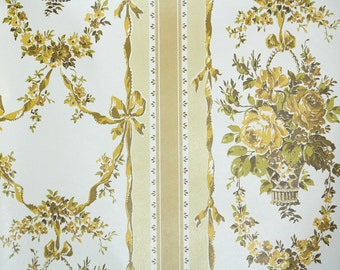 Retro Wallpaper by the Yard 70s Vintage Wallpaper - 1970s Gold Rose Bouquets in Stripe
