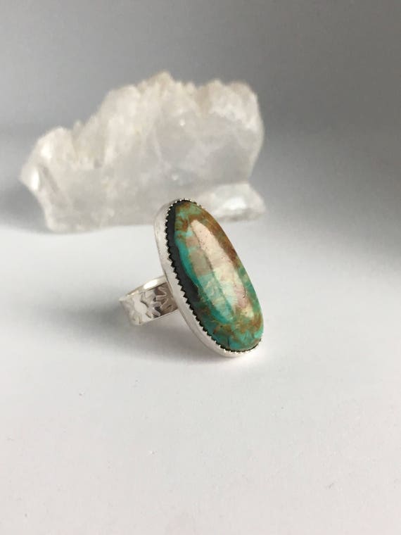 Sweetheart Collection, Royston Turquoise solitaire ring with hand stamped band, 6.25