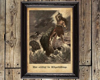 Thor and Jormungand, Midgard Serpent, Ragnarök, Norse mythology, scandinavian myth, pagan, hethen, Mjölnir print, viking poster, norse, 261