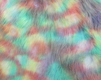Aurora Borealis - soft pastel rainbow tip on a blue 45mm pile synthetic faux fur fabric -1/4m piece