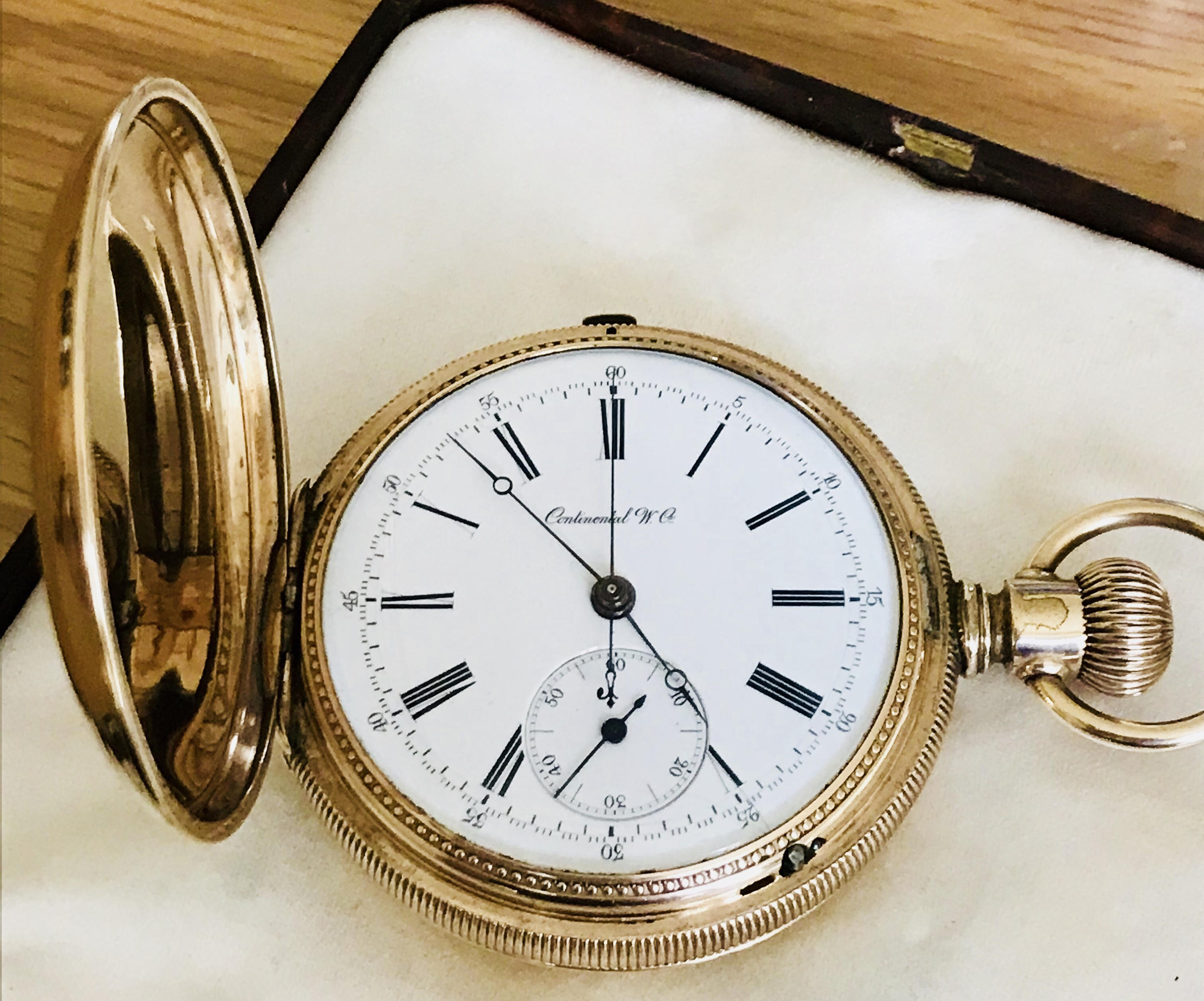Superb antique Gold Plated Continental Watch Co cased Hunter Chronograph pocket watch Full