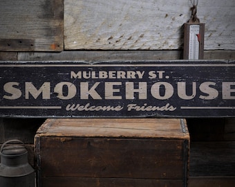 Welcome Smokehouse Sign, Wood Custom BBQ Sign, Dad BBQ Lover Gift for Smokehouse Decor, Rustic HandMade Vintage Wooden Sign ENS1001816