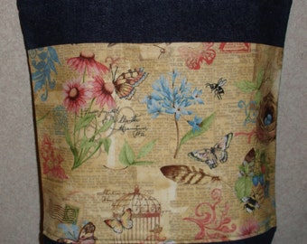 New Medium Handmade Bird Butterfly Flower Nest Garden Denim Tote Bag