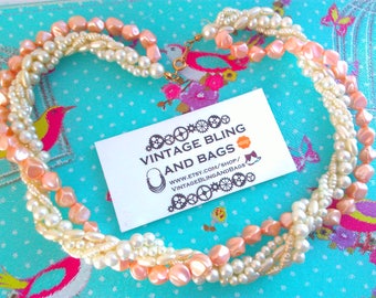47cm vintage, 5 strand necklace, multistrand pearl necklace, pink & white pearl necklace, vintage necklace, wedding, pink wedding necklace